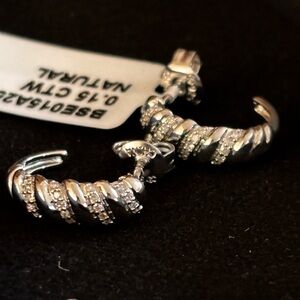 Natural Diamond Elegant Silver Hoop Earrings